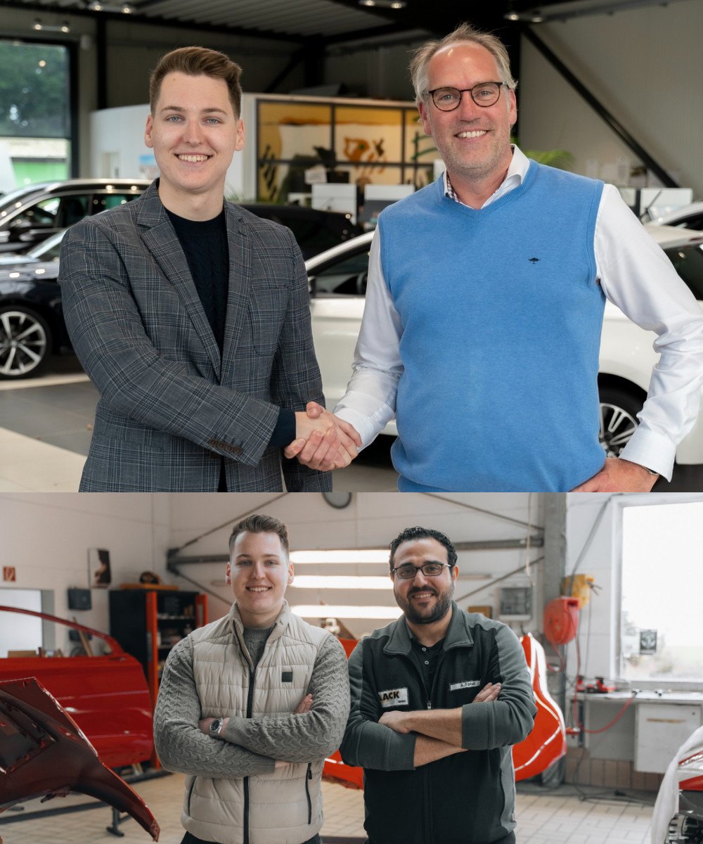 Ronald Schmidt von TSA Connect vor Ort bei Kunden: im Autohaus beim Handschlag und gemeinsam mit einem Mitgeschäftsführer in der Karosseriewerkstatt